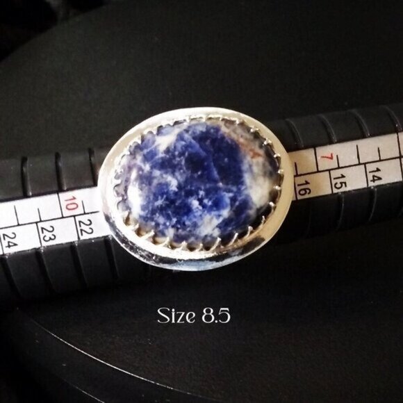 Blue Sodalite Ring - Southwestern Boho Style - Embossed Cigarband Shank Size 8.5 - Picture 3 of 9